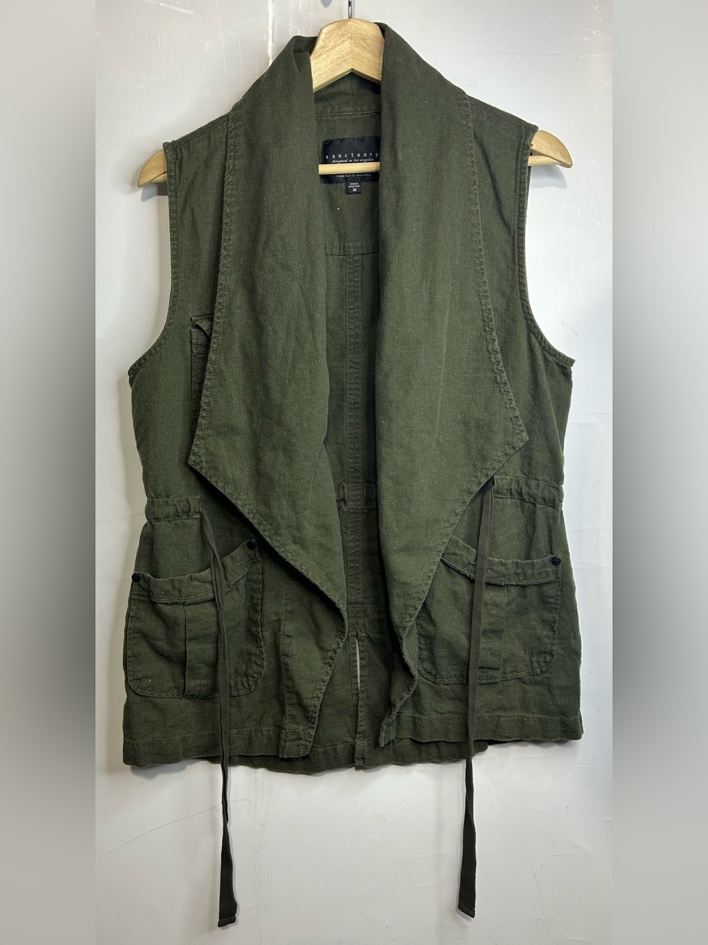 Sanctuary Open Front Olive Green Linen Blend Sleeveless Vest Medium